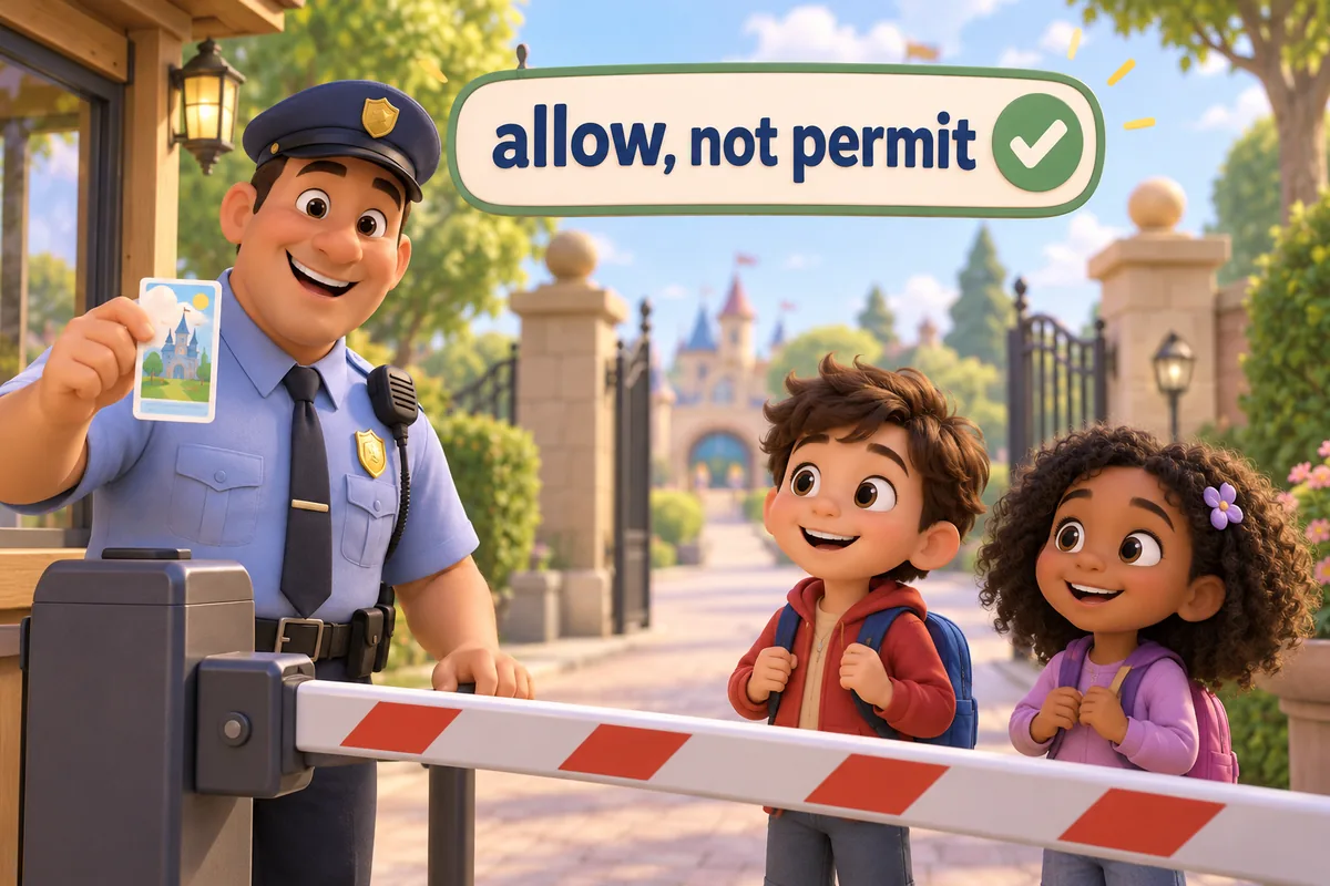 A cartoon guard points to a printed gate pass while two children waiting at a barrier look on.