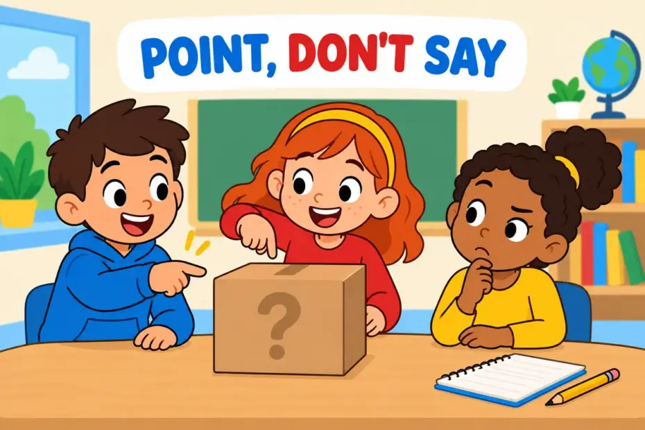 Cartoon children point toward a closed box while looking at a friend, showing allude in a sentence as an indirect reference.