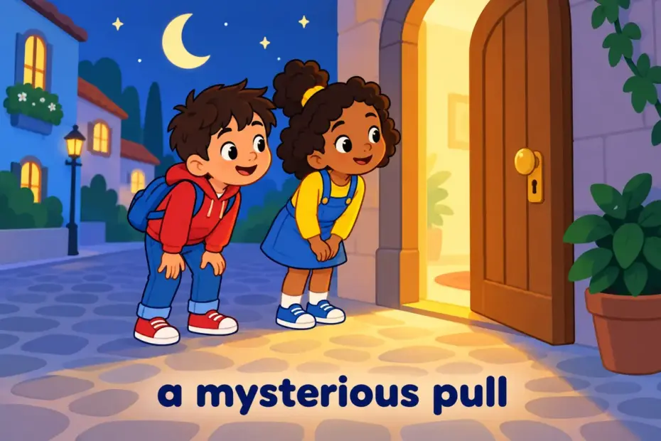 Cartoon children lean toward a glowing doorway, showing allure in a sentence as the mysterious pull of a place