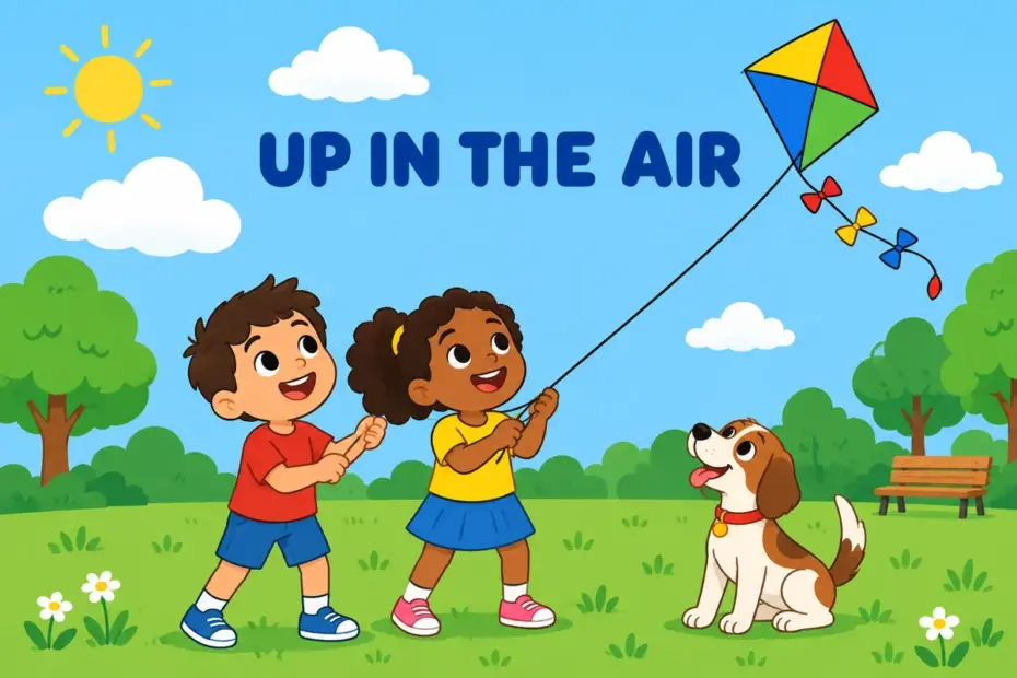 Cartoon children launch a kite into the sky, illustrating aloft in a sentence as high above the ground.