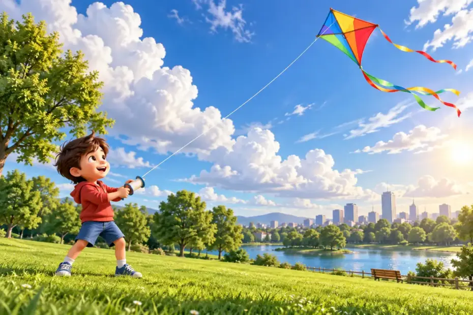 A colorful kite flies aloft above a park.