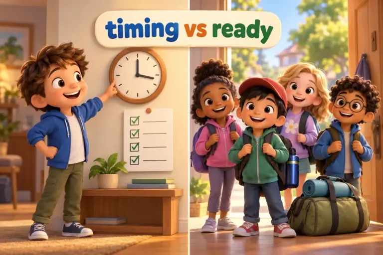 Cartoon children show already vs all ready: one checks a clock by a finished list while others stand packed and prepared.
