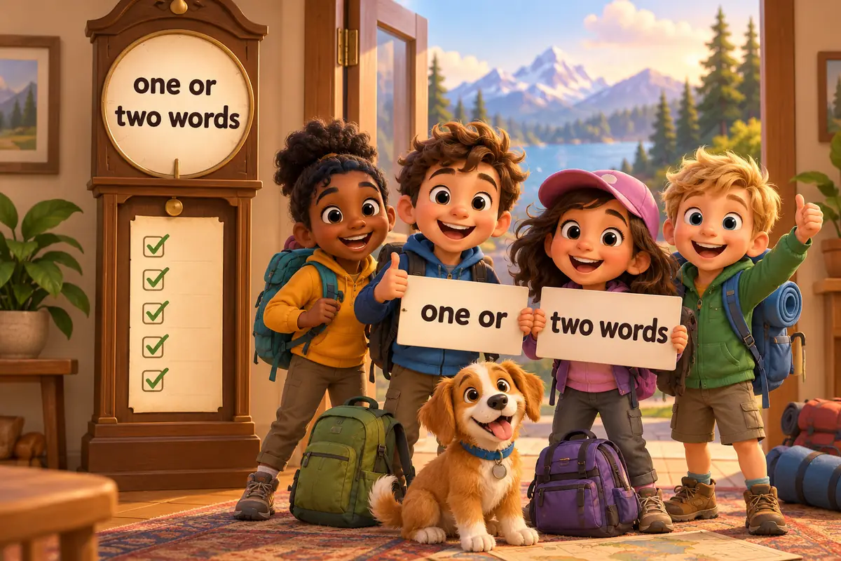 Two cartoon panels, one showing a clock with a completed list and the other a team of children standing with packed bags.