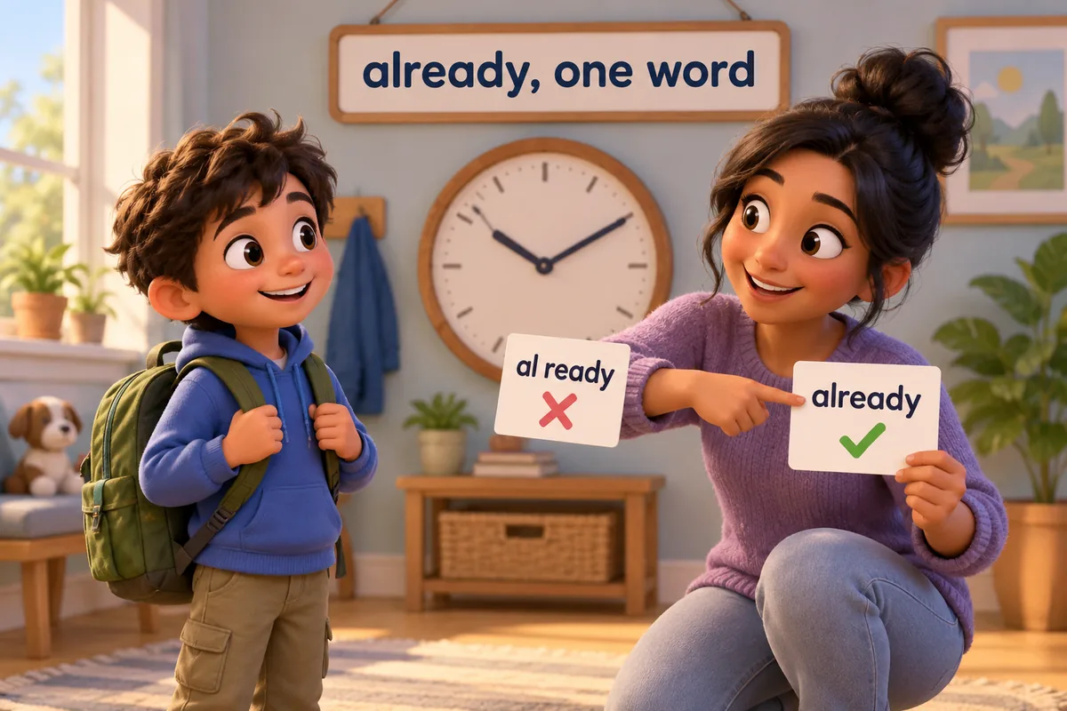 A cartoon child holds a packed bag beside a clock, and a helper points from the one-word label to the two-word label.