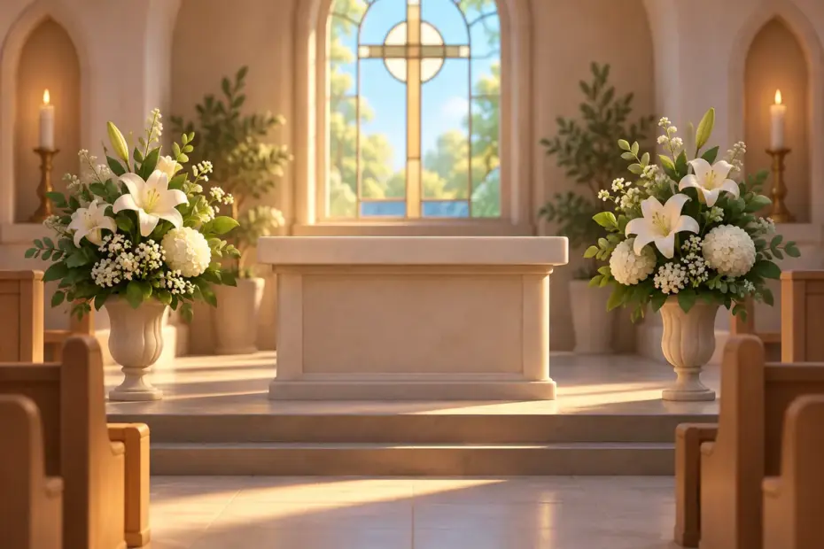 Flowers stand beside a plain altar in a quiet chapel.