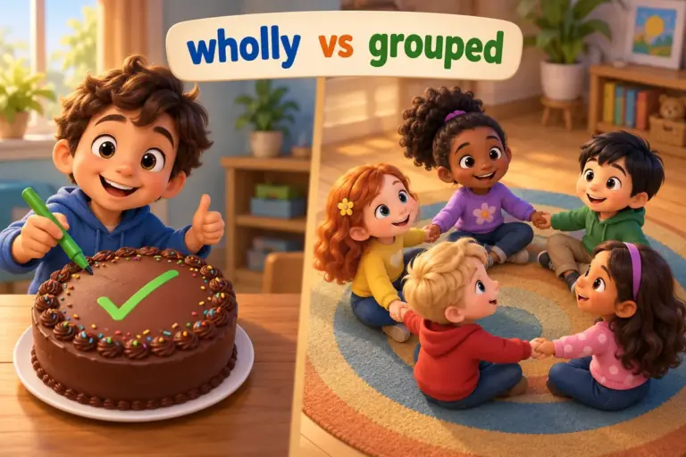 Cartoon children show altogether vs all together: one marks a whole cake as complete while a group joins hands in a single ring.