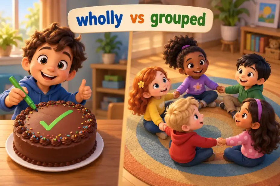 Cartoon children show altogether vs all together: one marks a whole cake as complete while a group joins hands in a single ring.