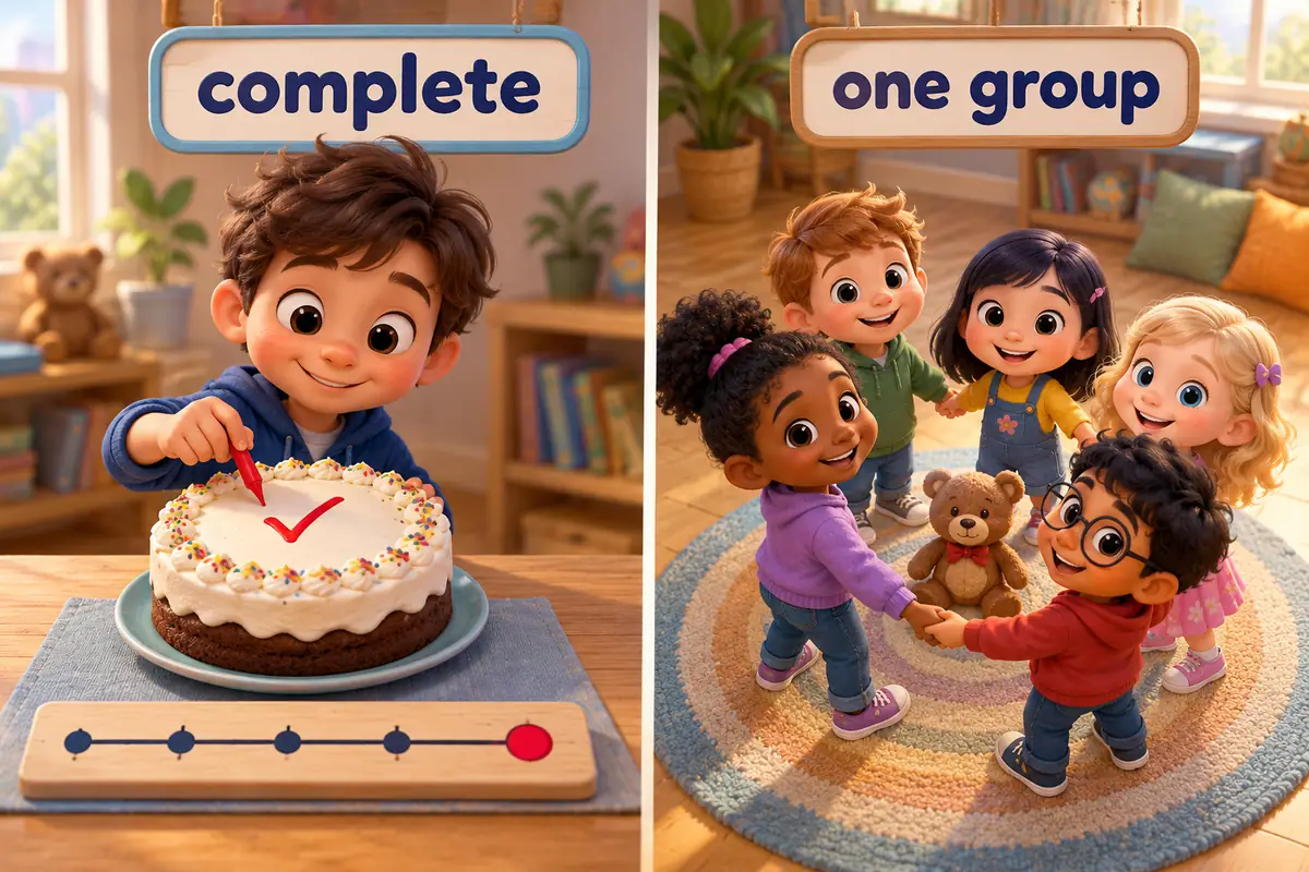 Two cartoon scenes, a child marking a whole cake as complete and a group of children holding hands in a single ring.