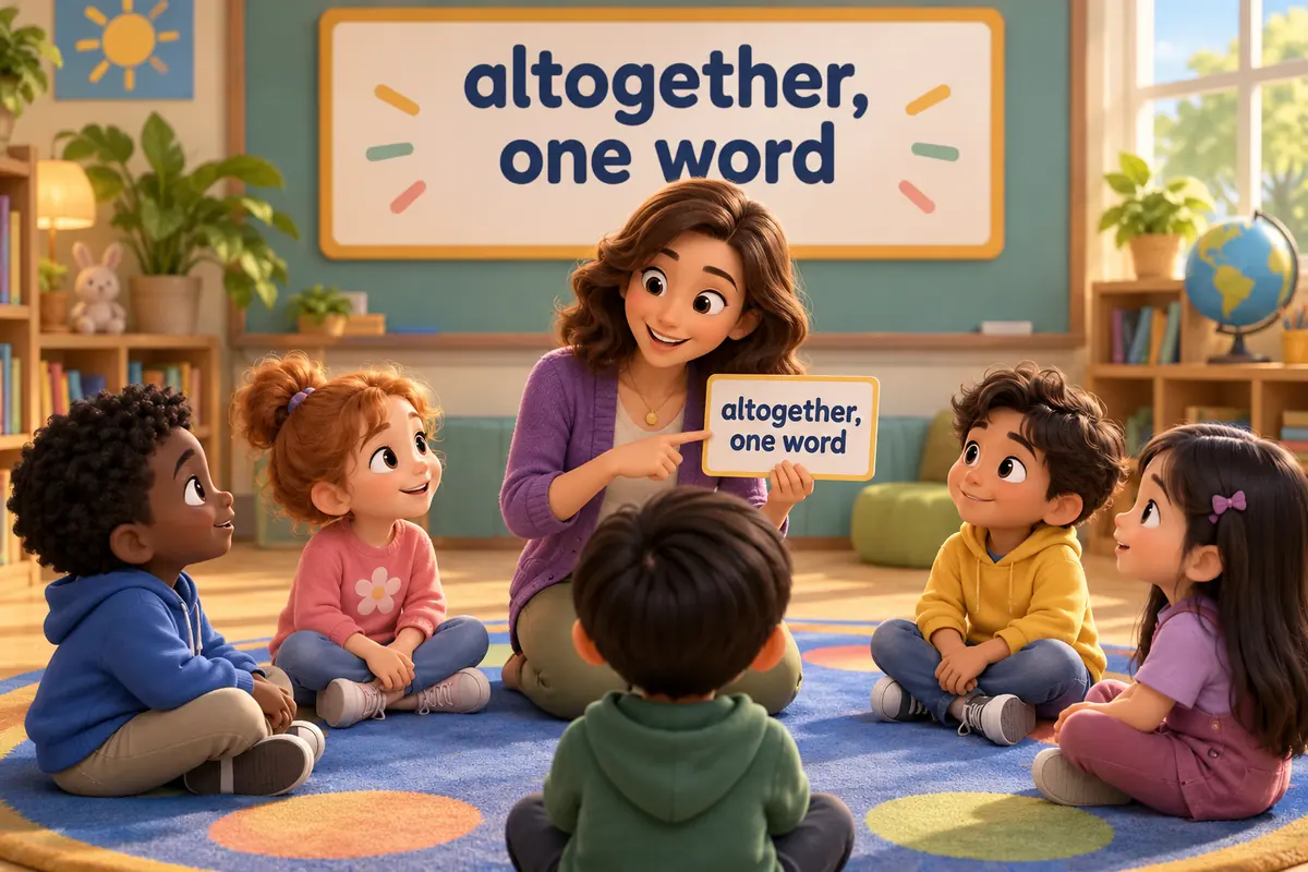 A cartoon teacher points from a single-word card towards a group of children standing in one circle on the floor.