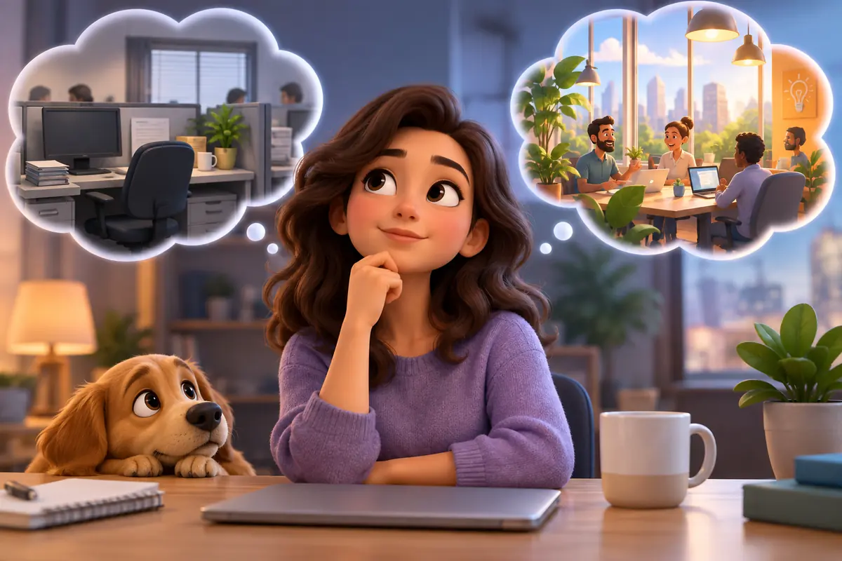 A job applicant weighs a familiar office and a new workplace in a visual thought scene.