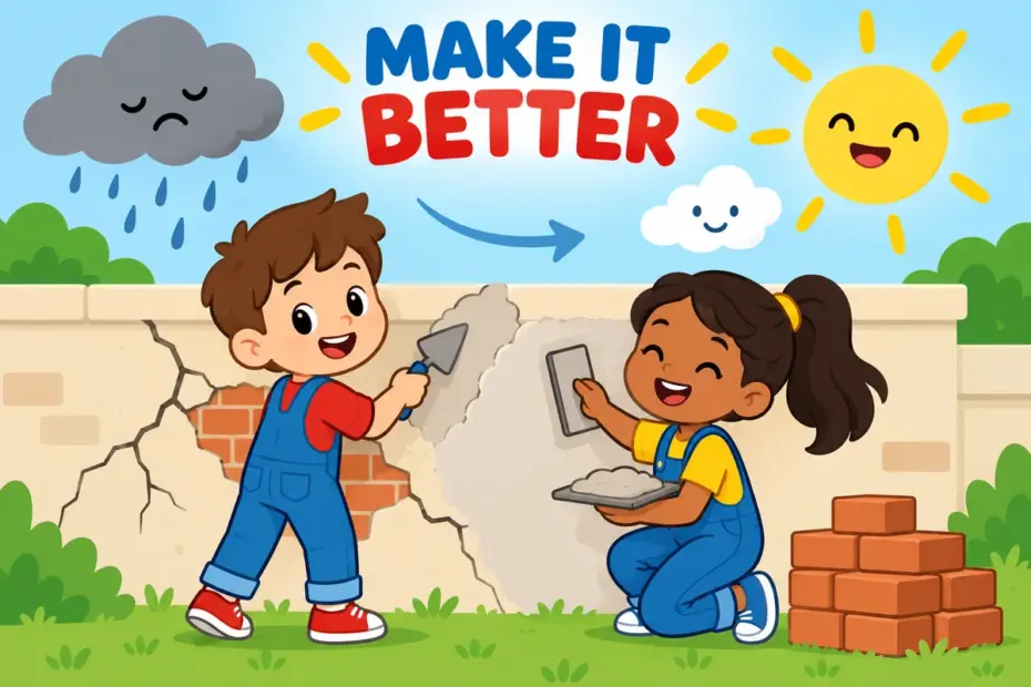 Cartoon children repair a cracked school wall while a grey cloud clears, showing ameliorate in a sentence as improving something bad.