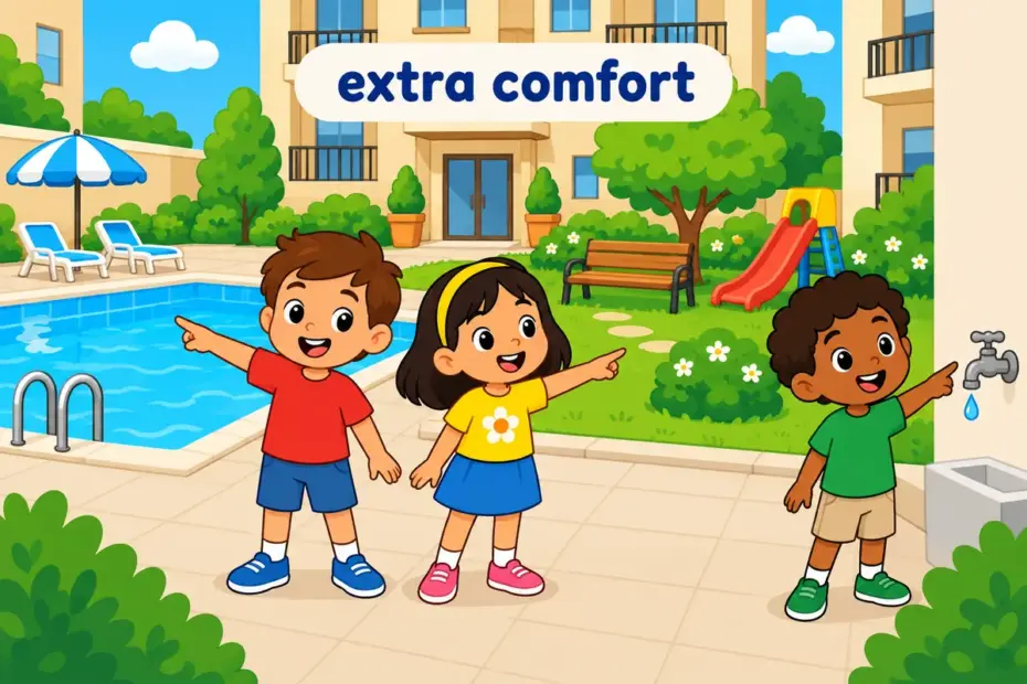 Cartoon children point to a pool and garden at their building, showing amenity in a sentence as a comfort that adds convenience.