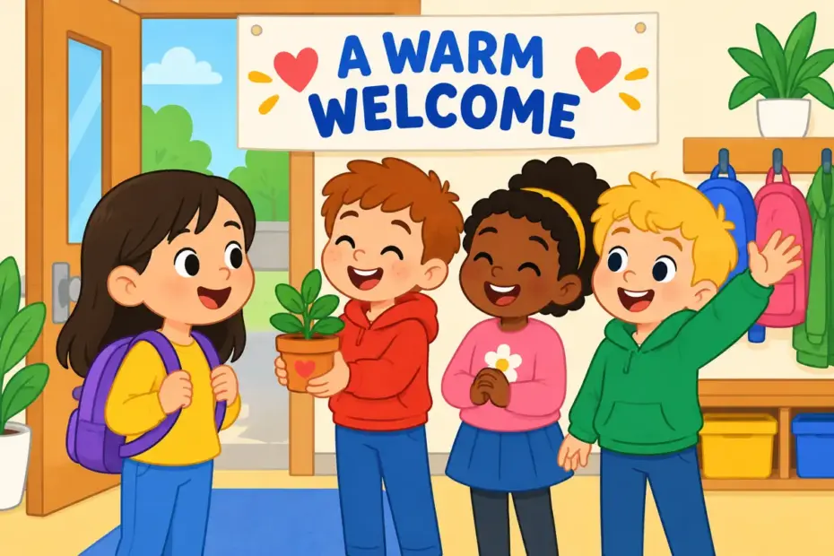 Cartoon pupils greet a new classmate with warm smiles, illustrating amiable in a sentence as a friendly manner.
