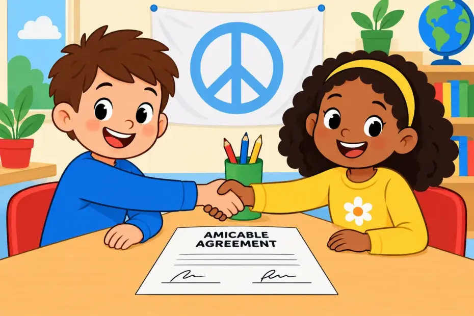 A cartoon boy and girl shake hands over a signed sheet, showing amicable in a sentence as a calm agreement.