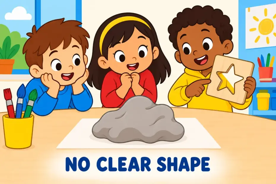 Cartoon children watch a shapeless grey blob of clay slump on a table, showing amorphous in a sentence as having no fixed shape.