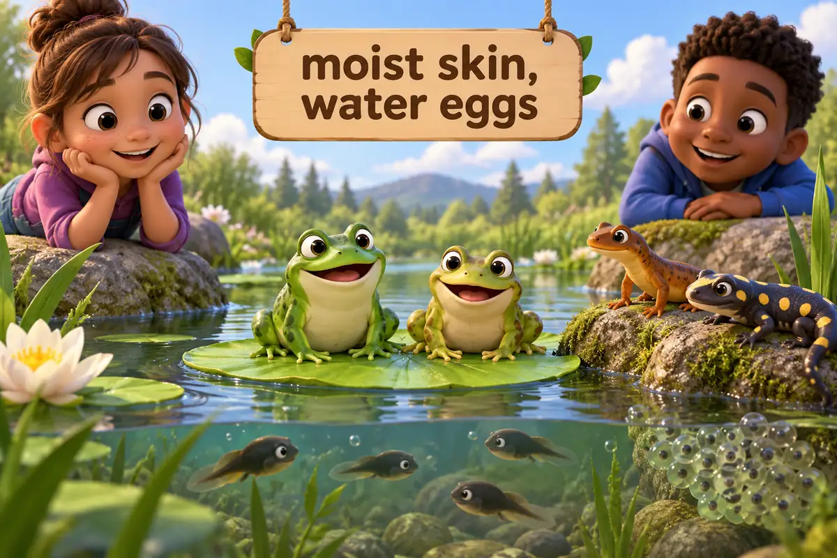 Cartoon frogs, a newt and a salamander sit beside a pond with tadpoles, showing amphibians names in English.