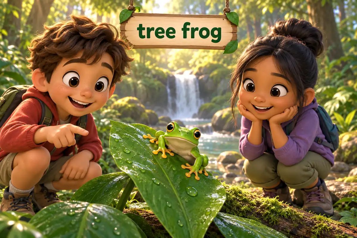 A cartoon child points at a green tree frog with sticky toes clinging to a wet leaf.