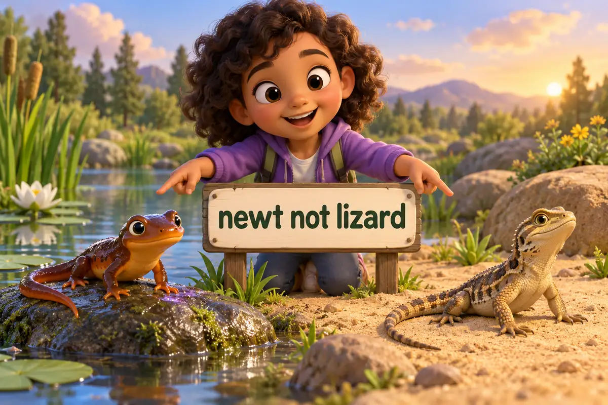 A cartoon newt on a damp stone faces a cartoon lizard on dry sand, a child comparing them.