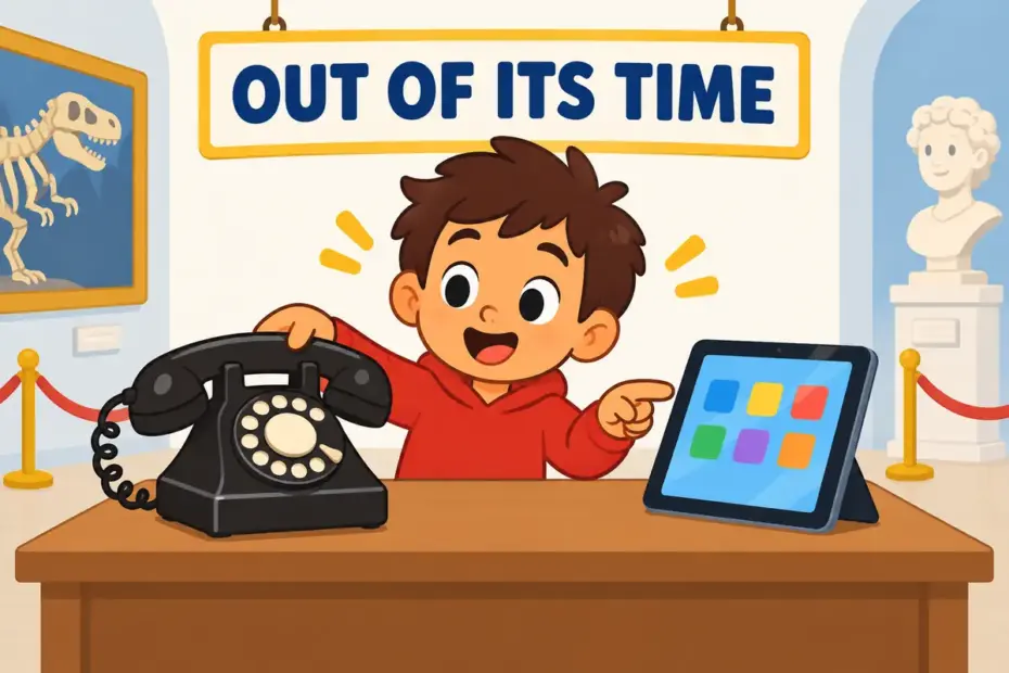 A cartoon child holds an old rotary phone beside a modern tablet, illustrating anachronism in a sentence as something from the wrong era.