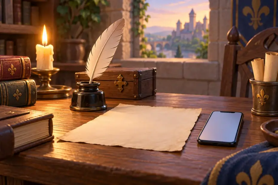 A modern phone contrasts with a medieval-style desk.