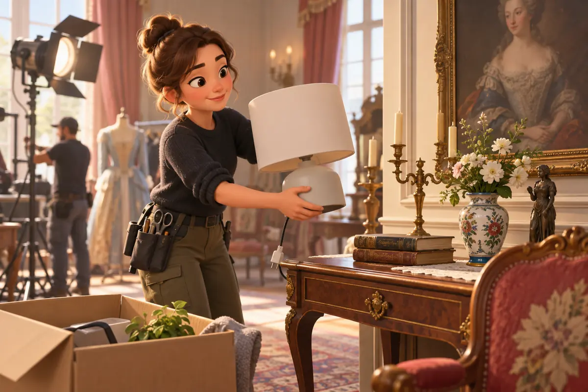 A designer checks a historical film set for misplaced objects.