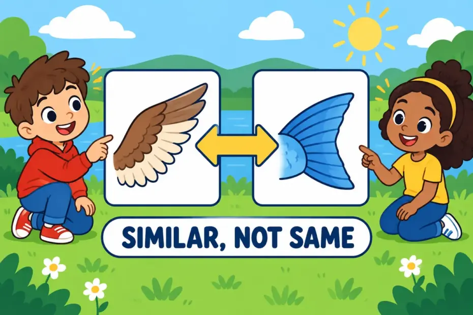 Cartoon children compare a wing and a fin joined by an arrow, showing analogous in a sentence as a shared pattern.