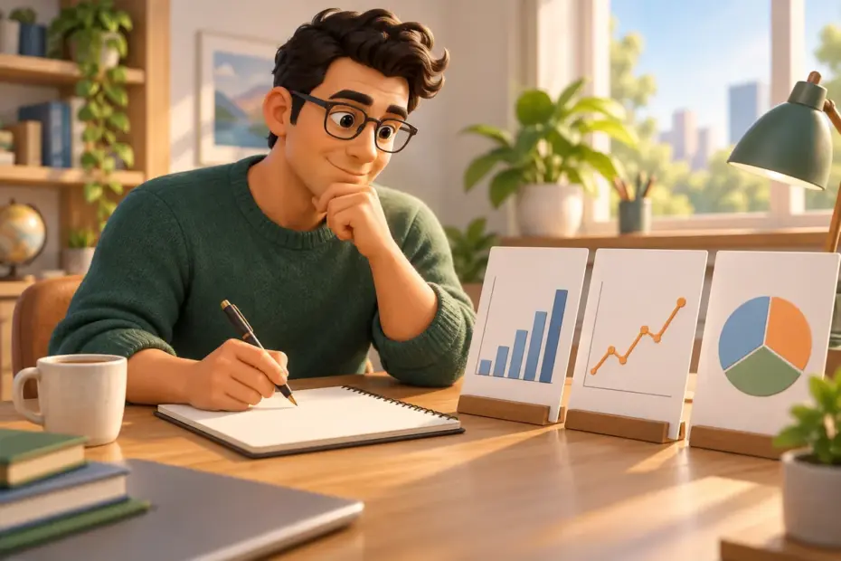 An analyst compares three simple charts and notes patterns on a blank page.