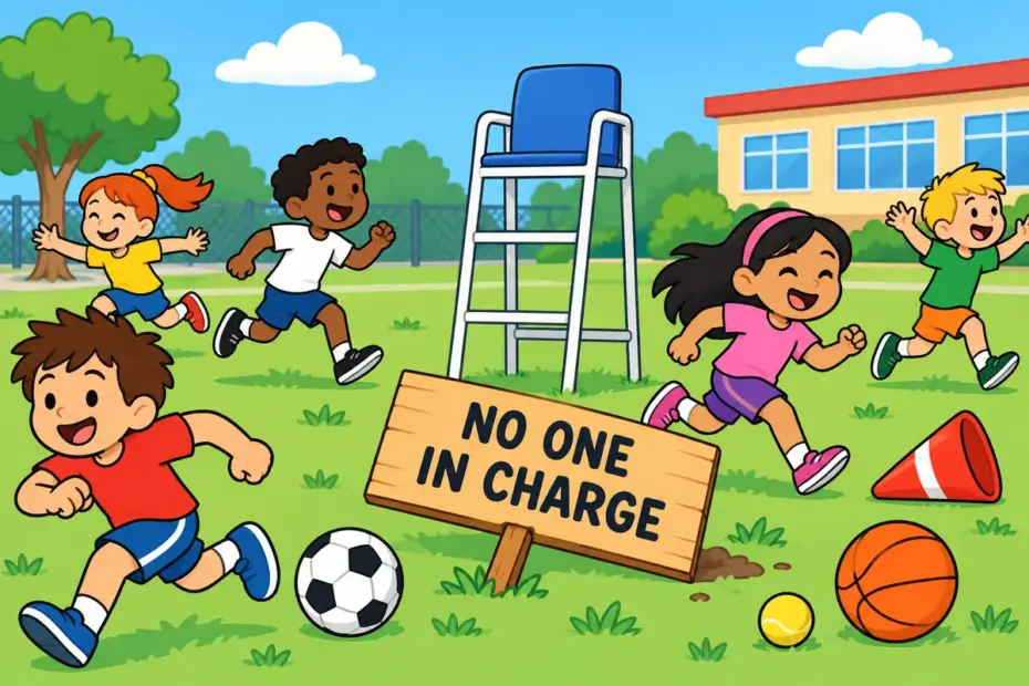 Cartoon children run a schoolyard with no rules while a fallen sign lies nearby, showing anarchy in a sentence as lost authority.