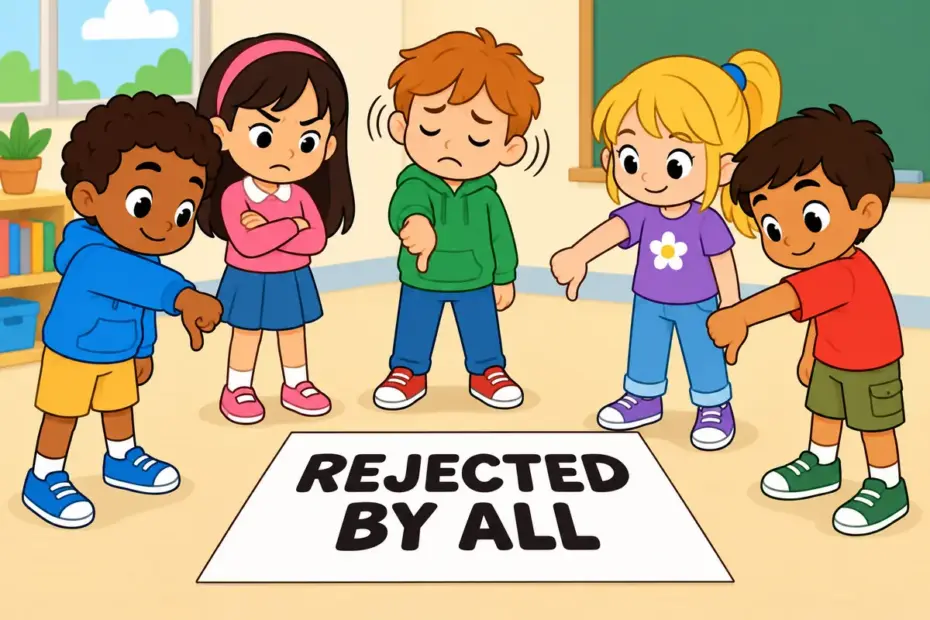 Cartoon pupils turn away from a suggestion card, illustrating anathema in a sentence as something a group completely rejects.