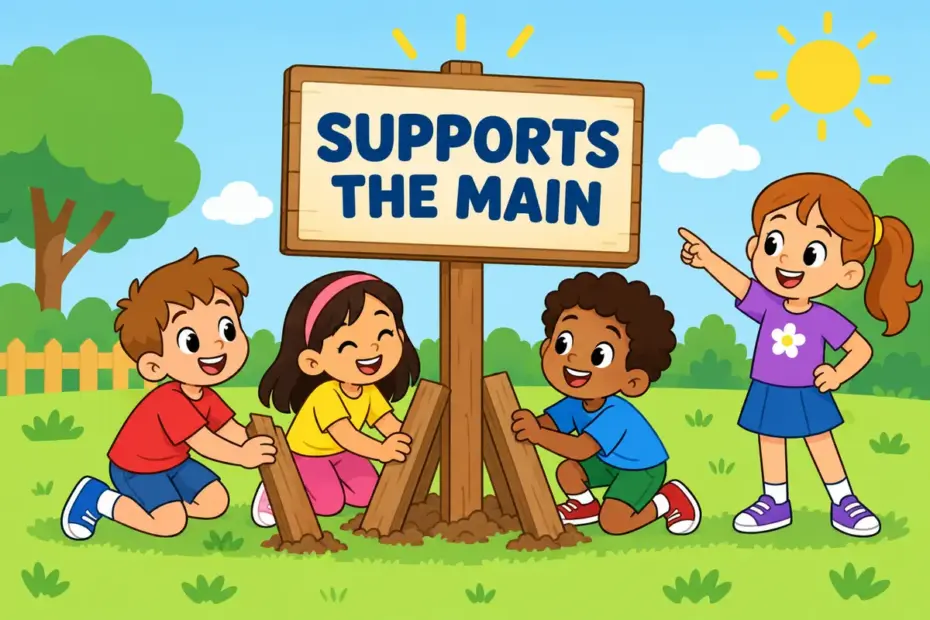 Cartoon pupils prop up a tall main sign with small boards, showing ancillary in a sentence as support for something more important.