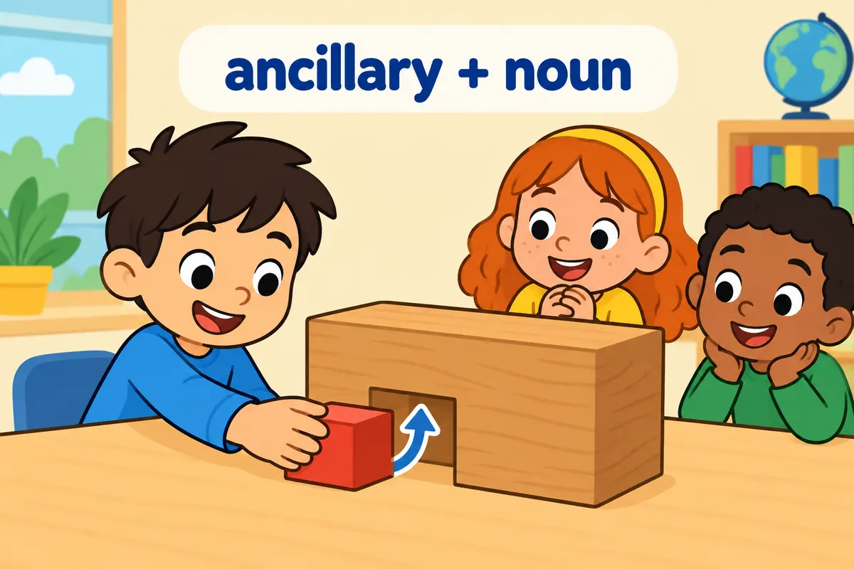 A child fits a small bright support block beneath a large wooden block while a rounded arrow shows the fit, illustrating ancillary + noun.