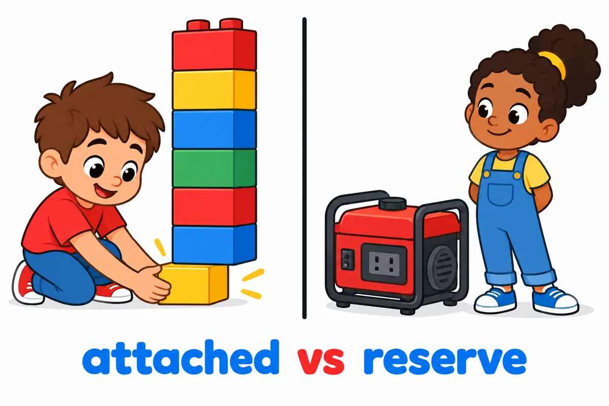 A split cartoon compares a support block fixed under a main tower with a spare generator waiting beside it.