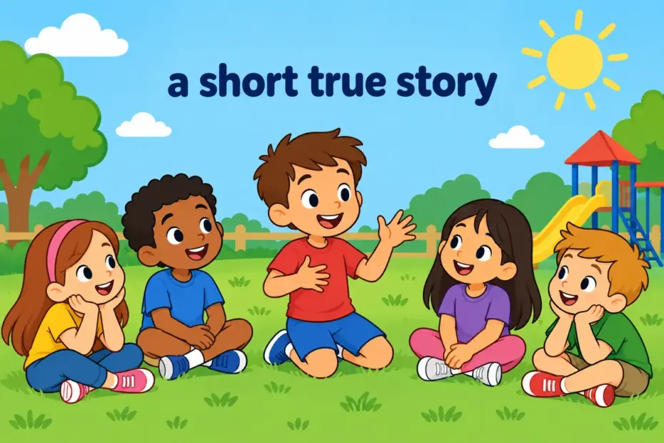 A cartoon child tells a lively true story to friends gathered in a circle, showing anecdote in a sentence as a brief spoken account.