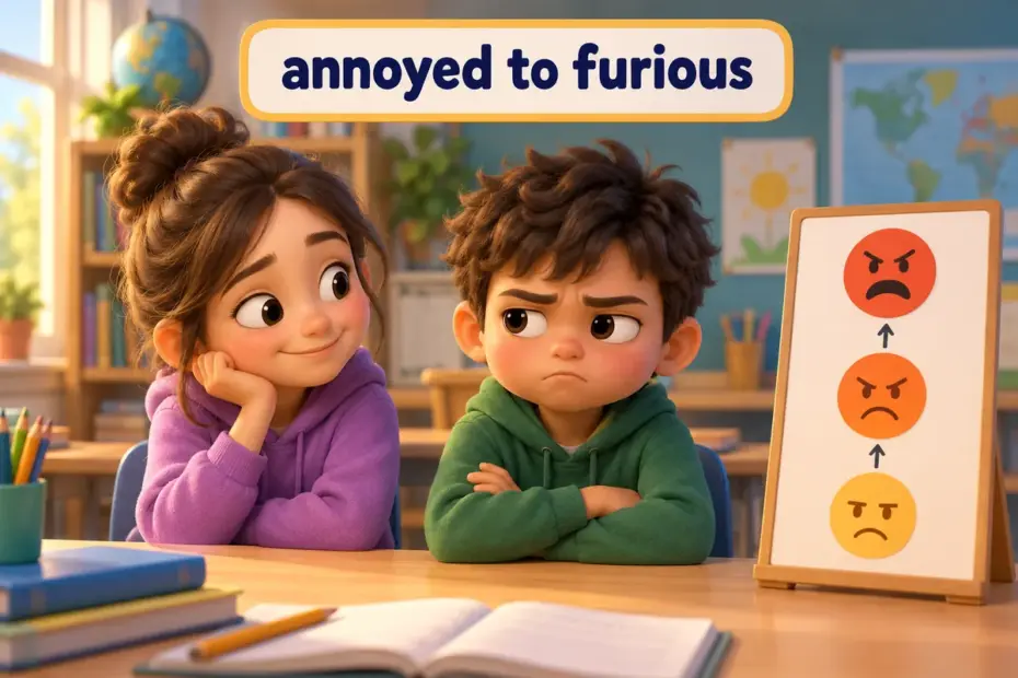 Cartoon child talks calmly with a friend, showing anger sentences in English that range from annoyed to furious.