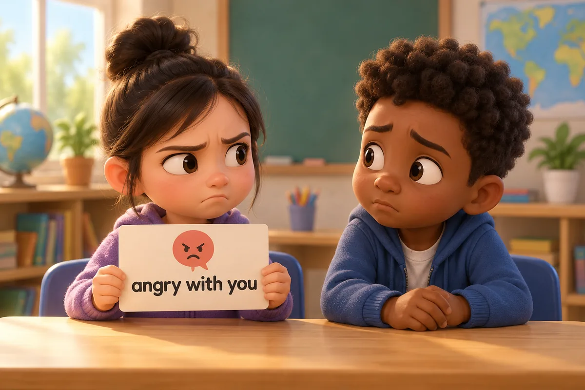 A cartoon child points gently at a friend while a small card beside them reads angry with you.