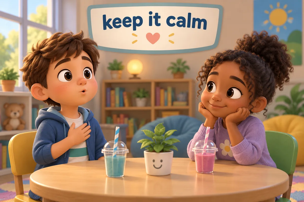 A cartoon child takes a slow breath before answering a friend across a table.