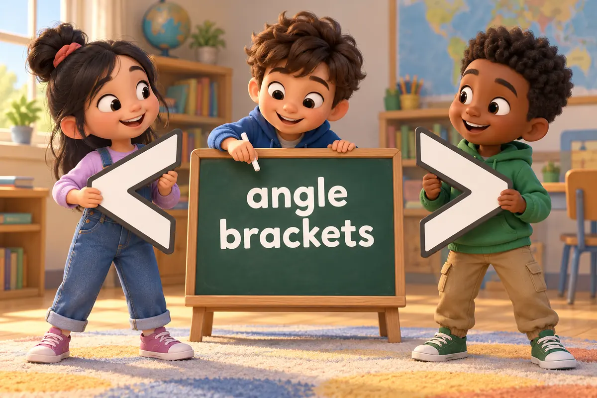 Cartoon pupils write angle brackets around a tag on a board to show angle brackets in English meaning and uses.