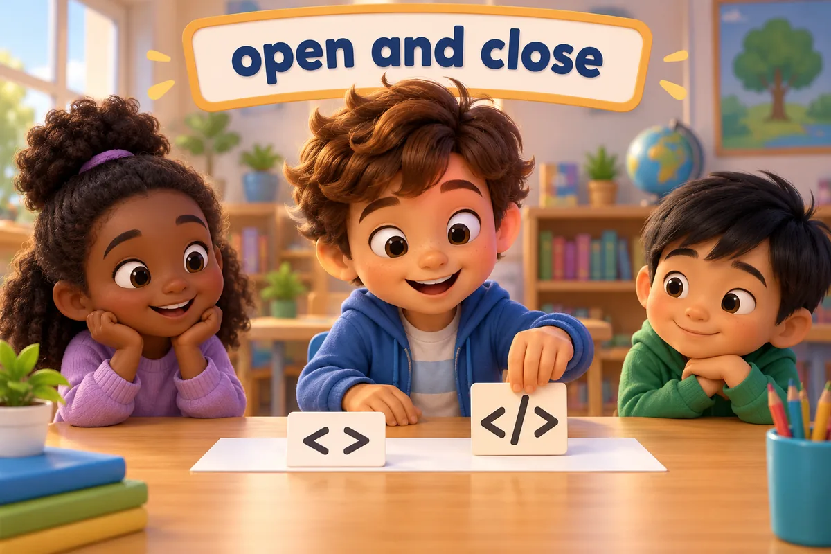 A cartoon child places a closing tag card after an opening tag card to complete a matched pair.