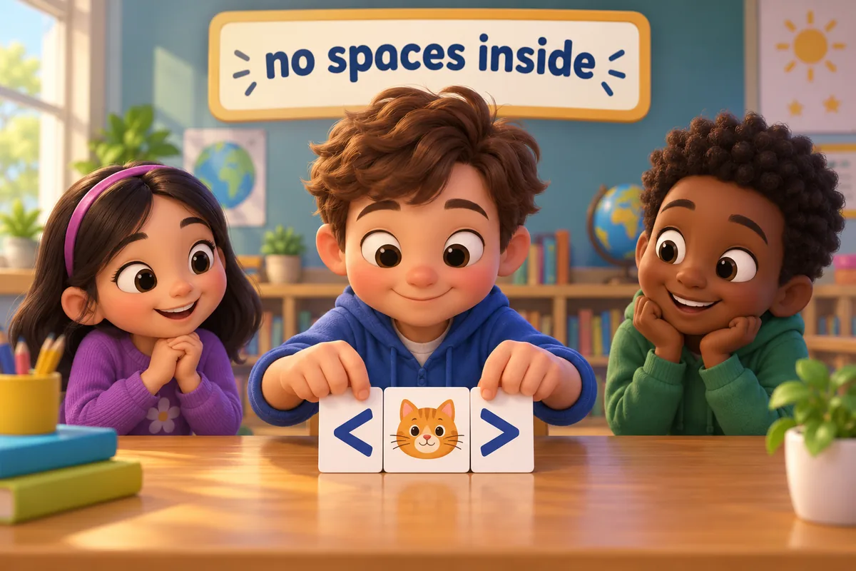 A cartoon child presses two bracket cards close around a word card with no gaps between them.
