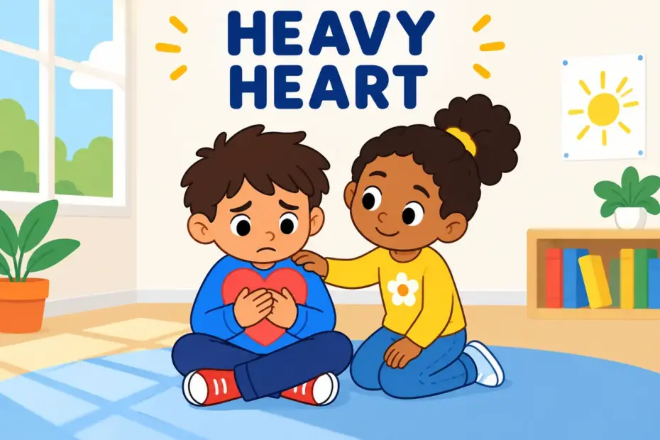 A cartoon child sits with hands over a heavy heart while a friend offers comfort, showing anguish in a sentence as deep mental pain.