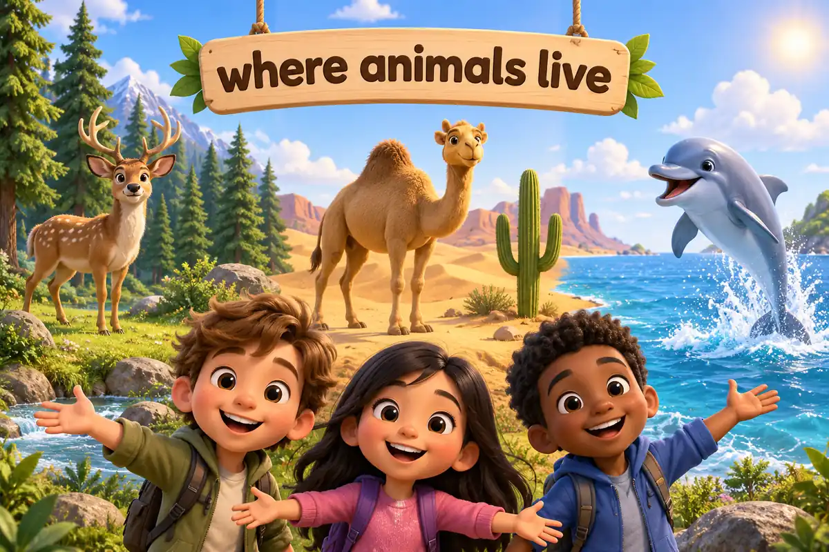 Cartoon animals sit in a forest, a desert and an ocean panel, showing animal habitats for young learners.