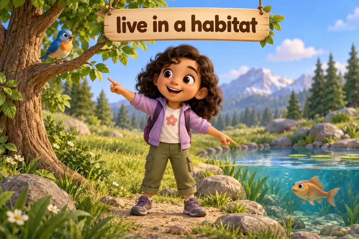 A cartoon child points at a bird in a tree and a fish in a pond, showing the in pattern.