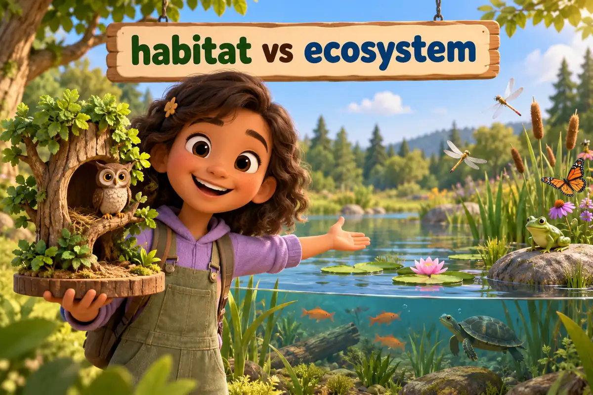 A cartoon child holds one small tree home on one side and a wide pond scene on the other.