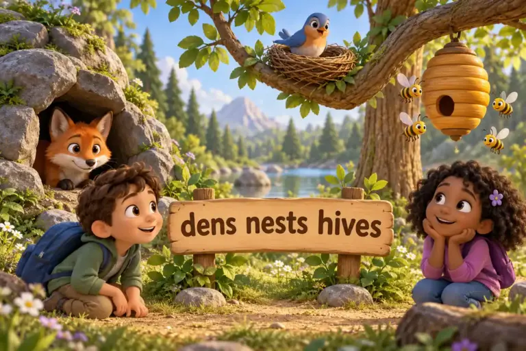 Cartoon animals sit by their homes, a fox at a den, a bird in a nest and bees at a hive, showing animal homes and shelters name.