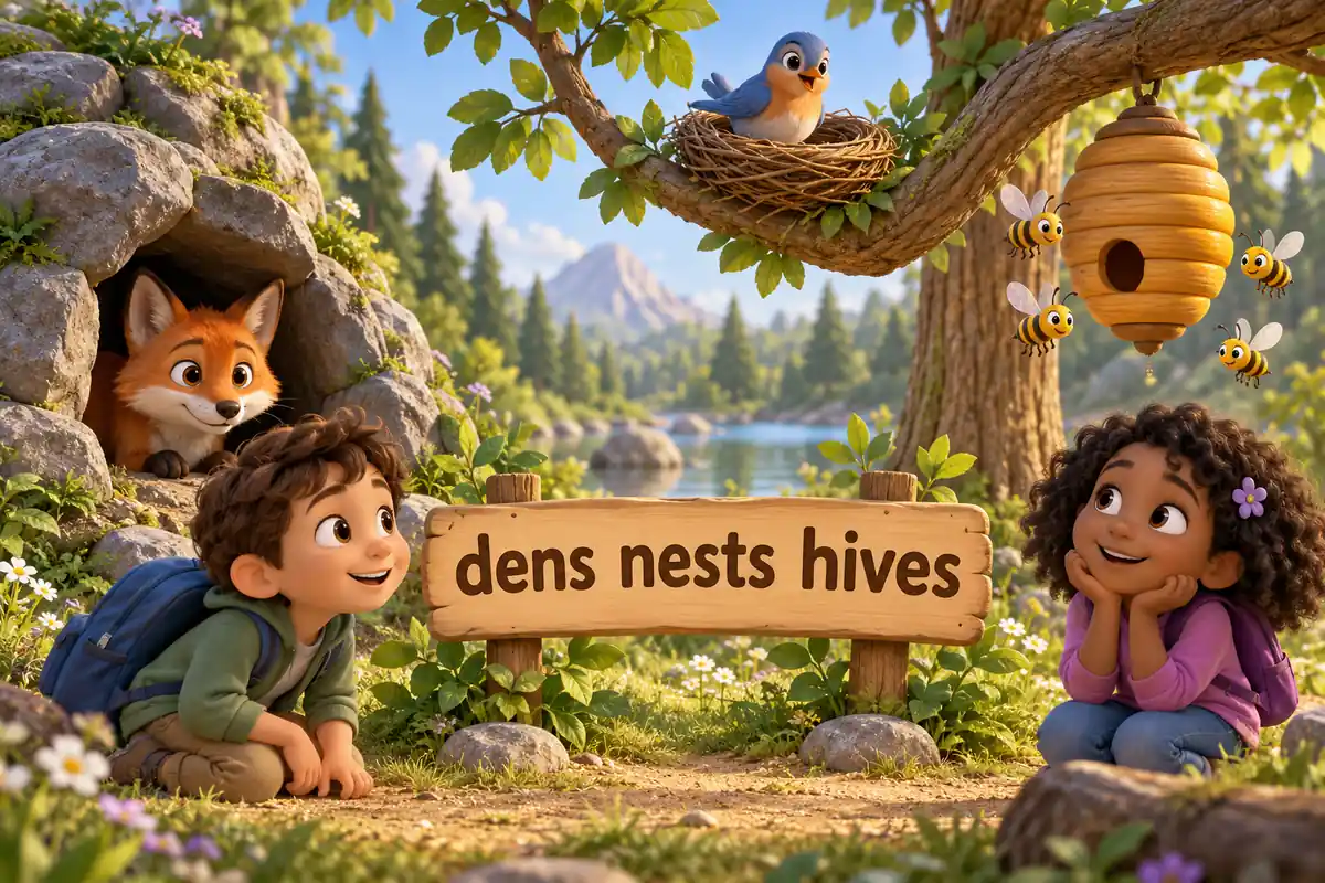 Cartoon animals sit by their homes, a fox at a den, a bird in a nest and bees at a hive, showing animal homes and shelters name.