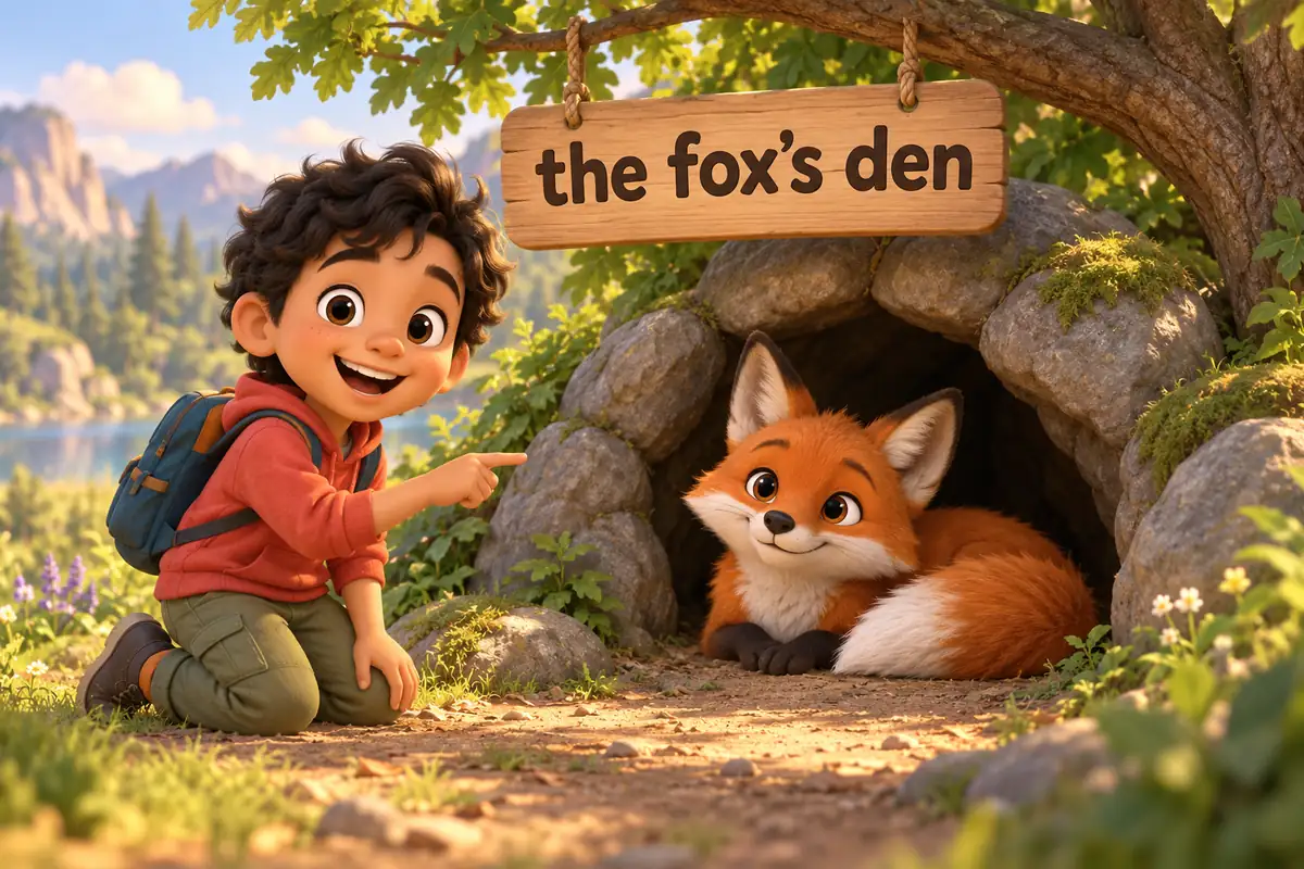 A cartoon child points to a fox curled up at the entrance of a rocky den under a tree.