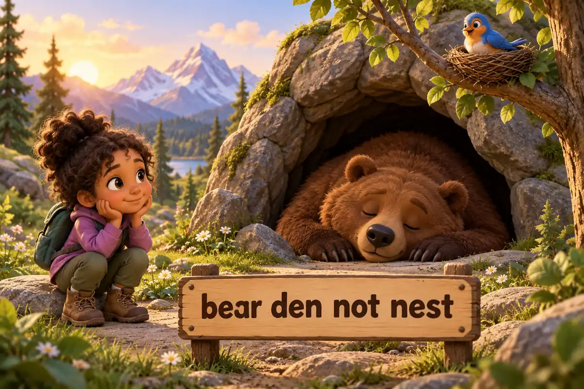 A cartoon bear sleeps at a cave den while a bird sits in a nest above, a child comparing.