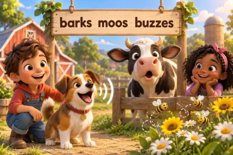 Cartoon animals make noises, a barking dog, a mooing cow and buzzing bees, showing animal sounds in English.