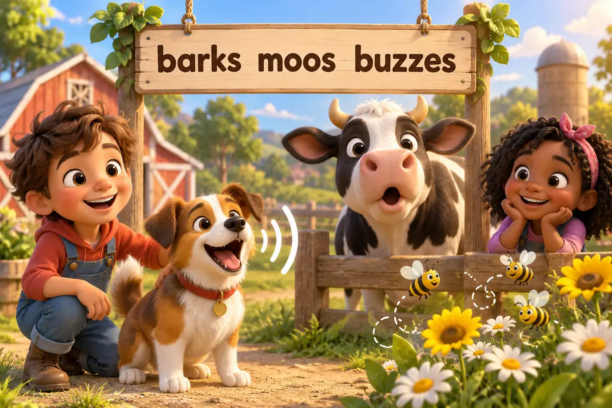 Cartoon animals make noises, a barking dog, a mooing cow and buzzing bees, showing animal sounds in English.