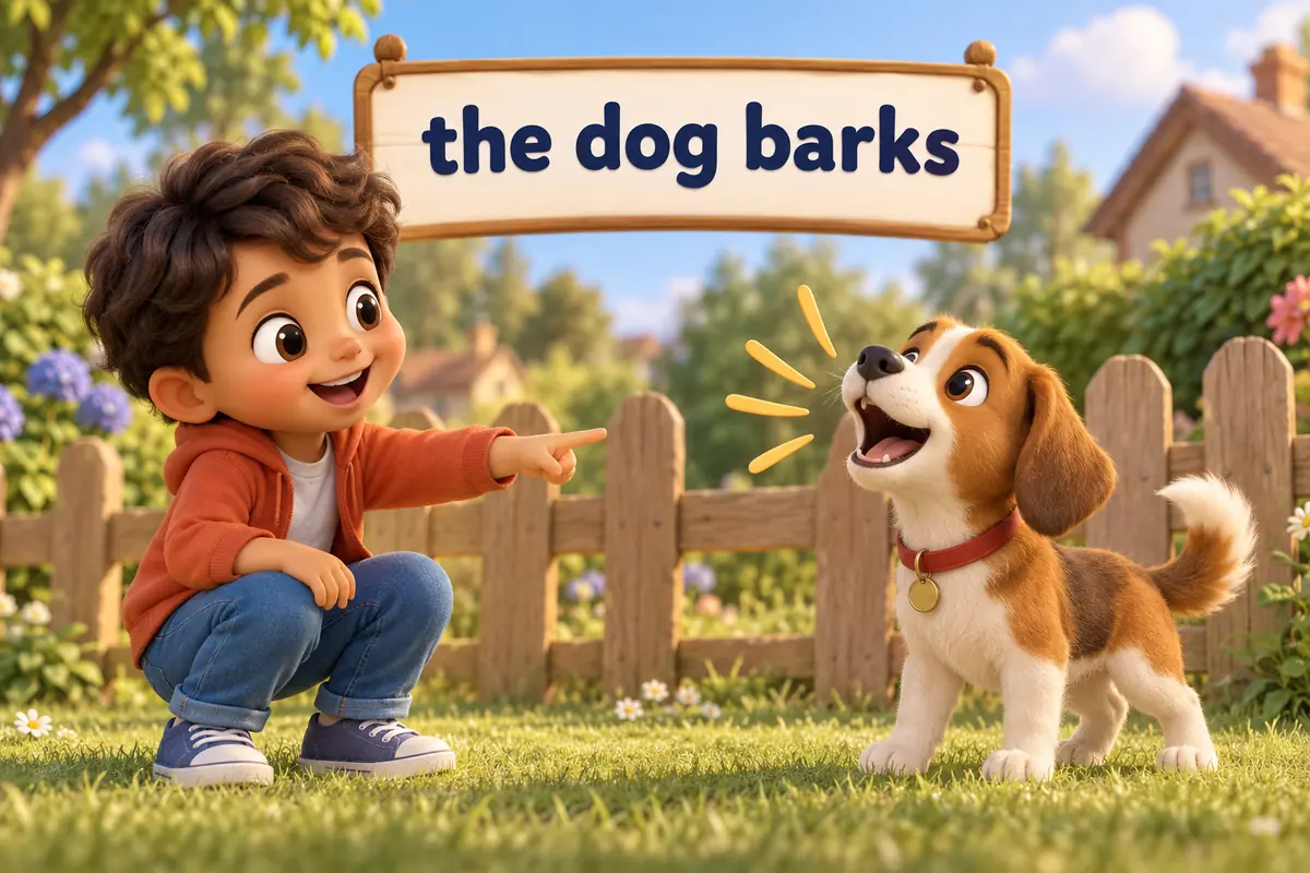 A cartoon child points at a dog barking with curved sound lines beside a fence.